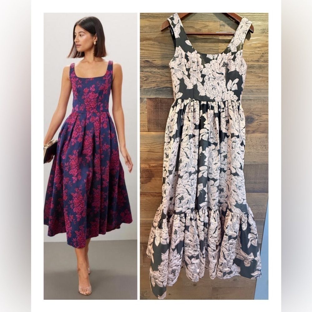 Mac Duggal Brocade Black and Pink Floral Midi Dress NWT